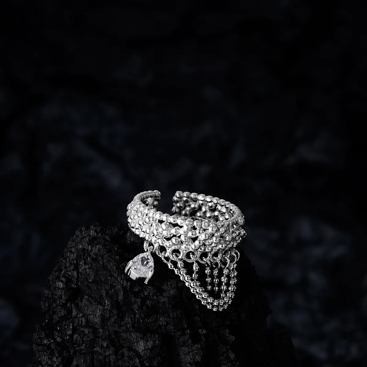 

MLKENLY Luxury retro 925 sterling silver ring princess veil hollow design chain ring female ins wind open zircon ring