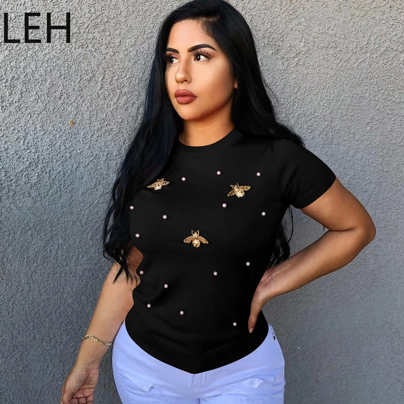 LEH женская футболка с коротким рукавом летняя жемчугом и бусинами Женская