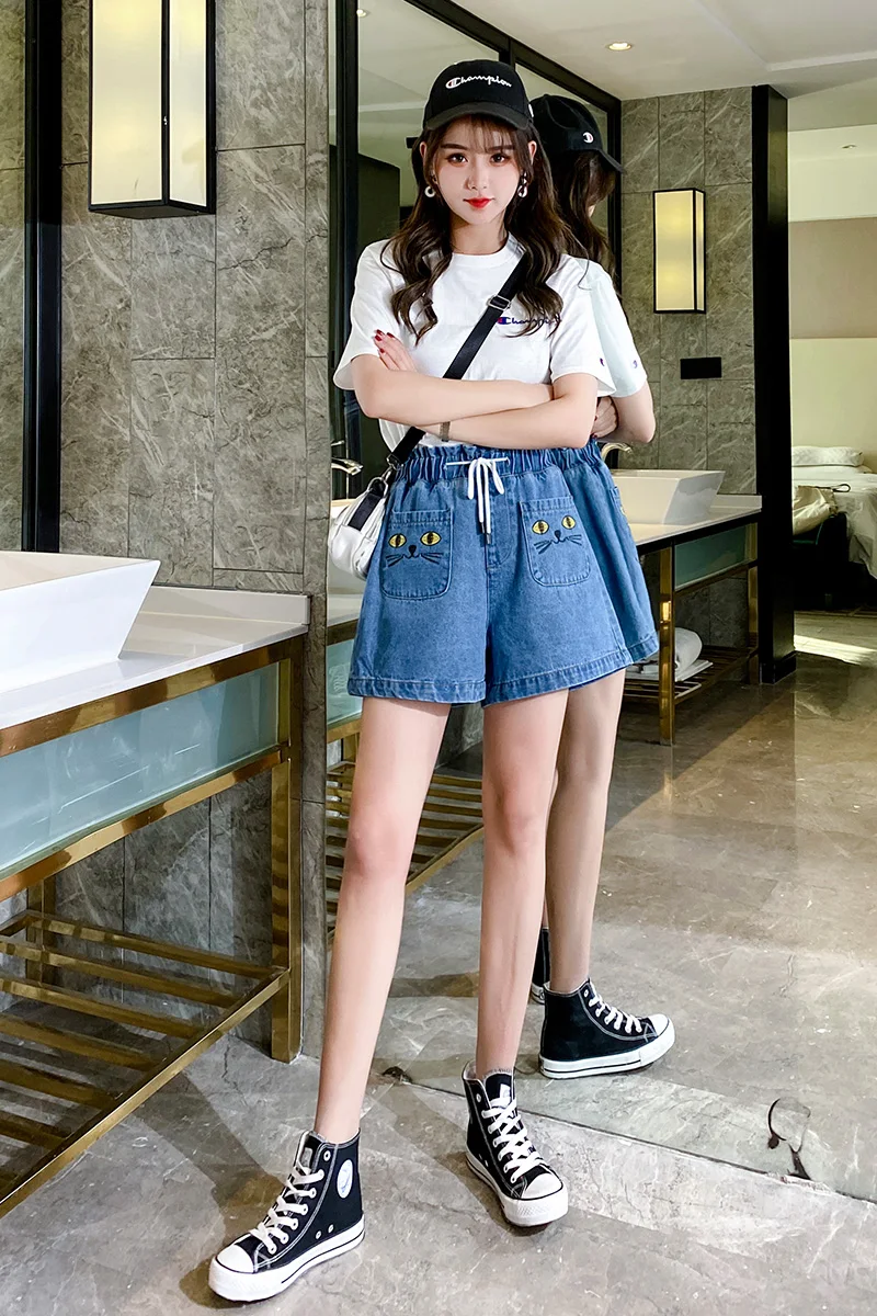 

Jeans Shorts Women's 2020 Summer High Waist Loose Plus size Women Jeans Blue Casual Cat Cartoon Young girl Shorts Pants 589G