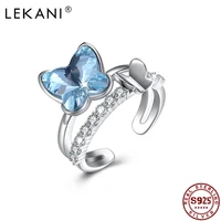 lekani 925 sterling silver butterfly opening rings for women blue crystal with zircon ring fine jewelry wedding ring best