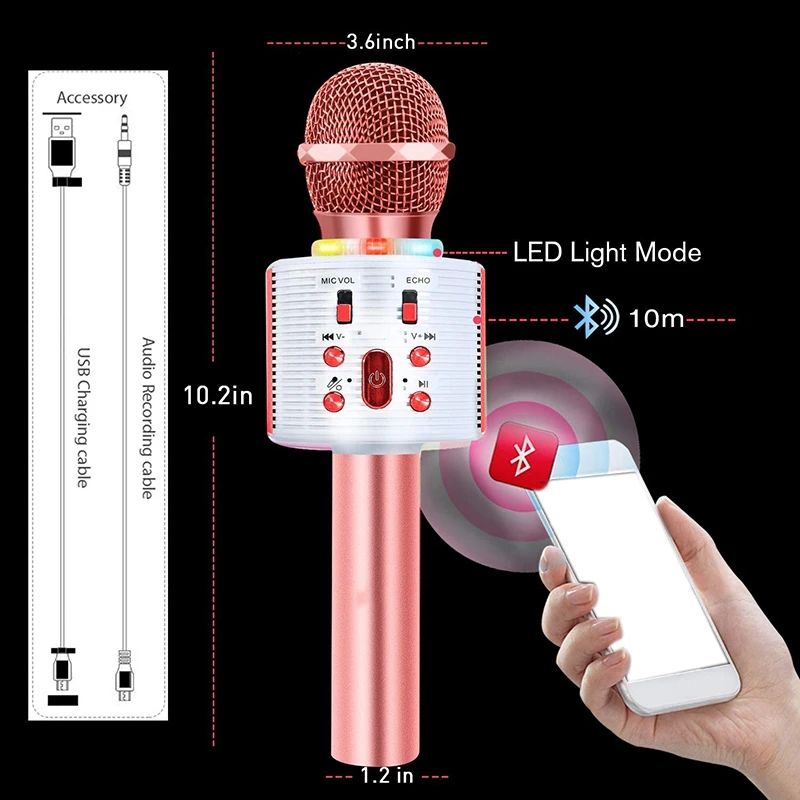 Беспроводной музыкальный микрофон Мини Bluetooth со светодиодной подсветкой для