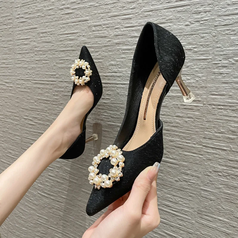 

The New Fashion Shining Rhinestone Square Buckle Pointed Shallow Mouth Single Shoes Thin Heel Simple And Versatile High Heels