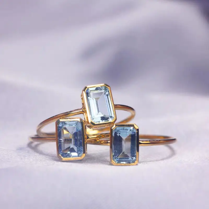 

Unique original new rectangular aquamarine minimalist design opening adjustable ring exquisite charm luxury ladies jewelry