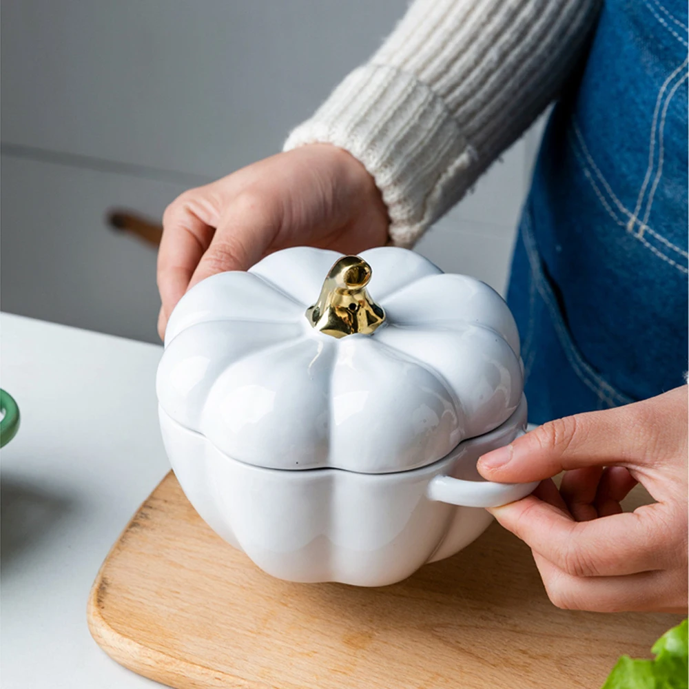Pumpkin Shape Baking Bowl With Lid Glaze Au Gratin Soup Salad Kitchen Bakeware Oven Party Pan Tool |