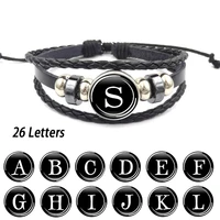 26 letter a z glass snap clasp metal bead bracelet id name friendship black braided leather bracelet mens womens childrens fa