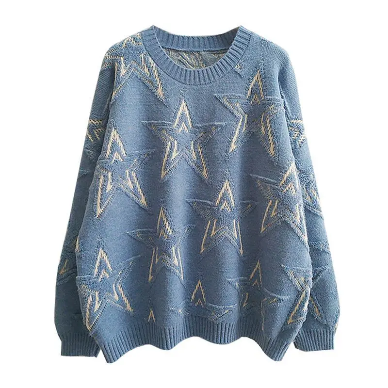 

2020 Autumn Winter Women Sweater Fashion Round Neck Long Sleeve Five-pointed Star Female Casual Loose Pullovers Kintted Tops