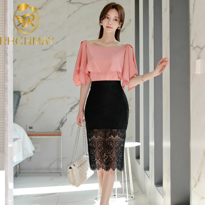 

New Korea Office Lady Suits Women Summer Ruffles Blouses Tops + High Waist Sheath Bodycon Lace Skirt Sexy Two Piece Set Outfits