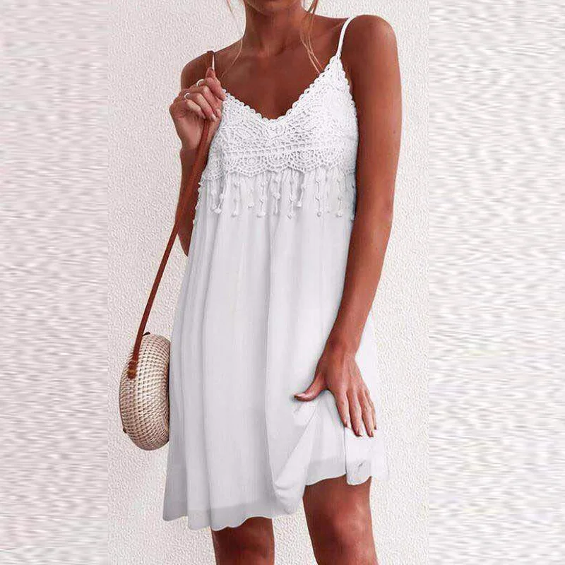 

New V Neck Tassel Lace Women Party Dress 2021 Spring Embroidery Flower Patchwork Mini Dress Summer Sleeveless A-Line Sling Dress