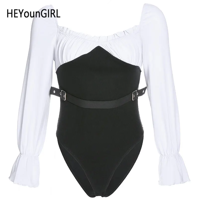 HEYounGIRL лоскутное черно-белое боди с расклешенными длинными рукавами винтажные комбинезоны обтягивающие повседневные Элегантные женские осенние зимние - Цвет: Черный