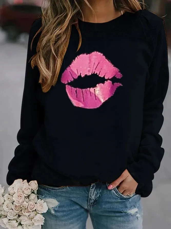 

Women Hoodie Pink Lip Printed Hoodies Women Fleece Long Sleeve O Neck Loose Sweatshirt Girls Pullovers Winter