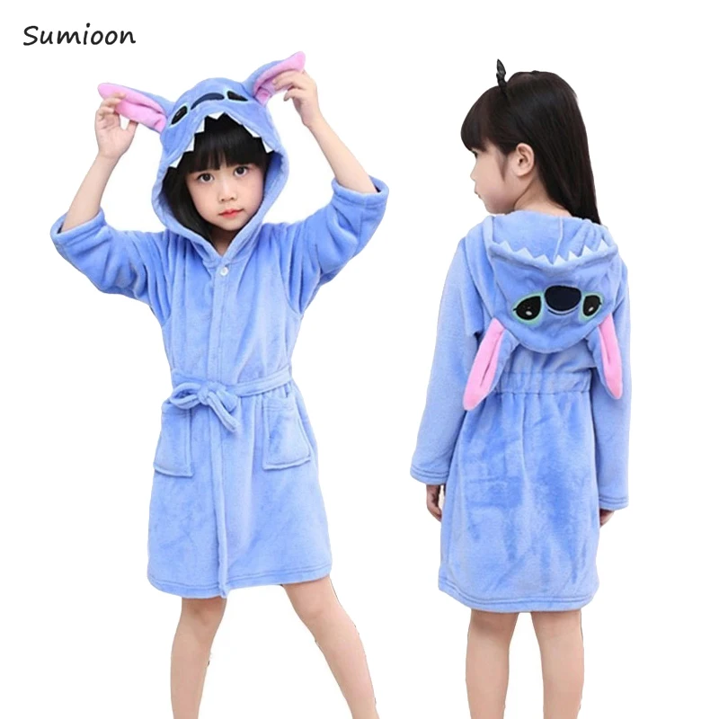 Blue stitch Детский халат с животными для мальчиков и девочек, домашняя одежда, полотенце с капюшоном и единорогом, Пляжная детская одежда для сна, детский банный Халат - Цвет: Blue stitch