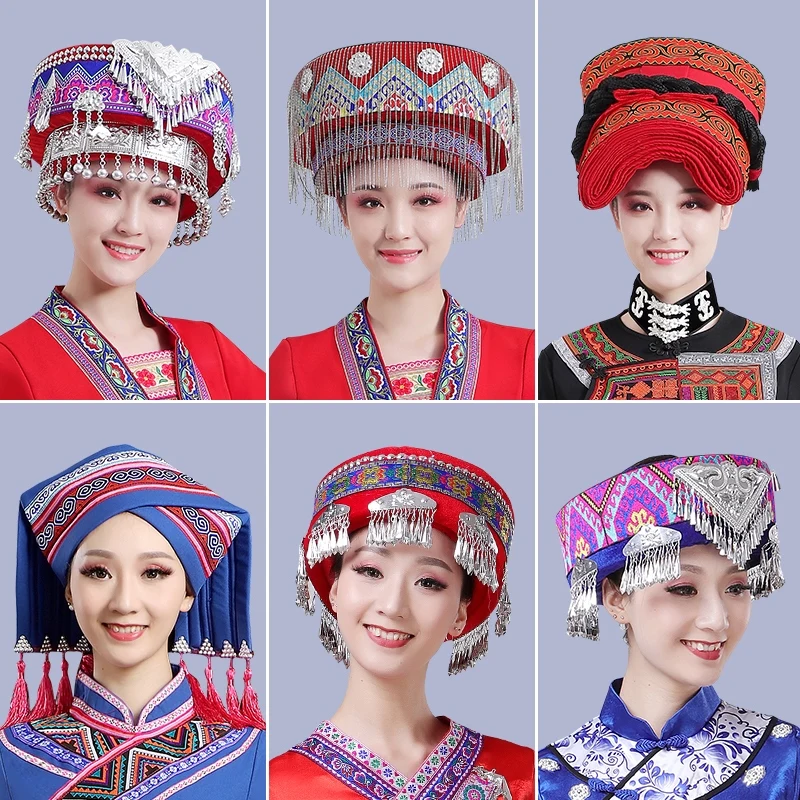 Hmong Miao dans şapka kadınlar için geleneksel giyim şapka püskül aksesuarları ile festivali performans şapkalar Vintage Headdress