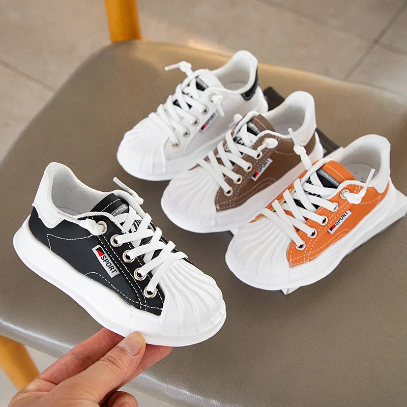 

2021 New Good Quality Slip on Casual Kids Boys Shoes White Black Orange Khaki Hard Sole Girls Sneakers Flat Student Shoes E06224