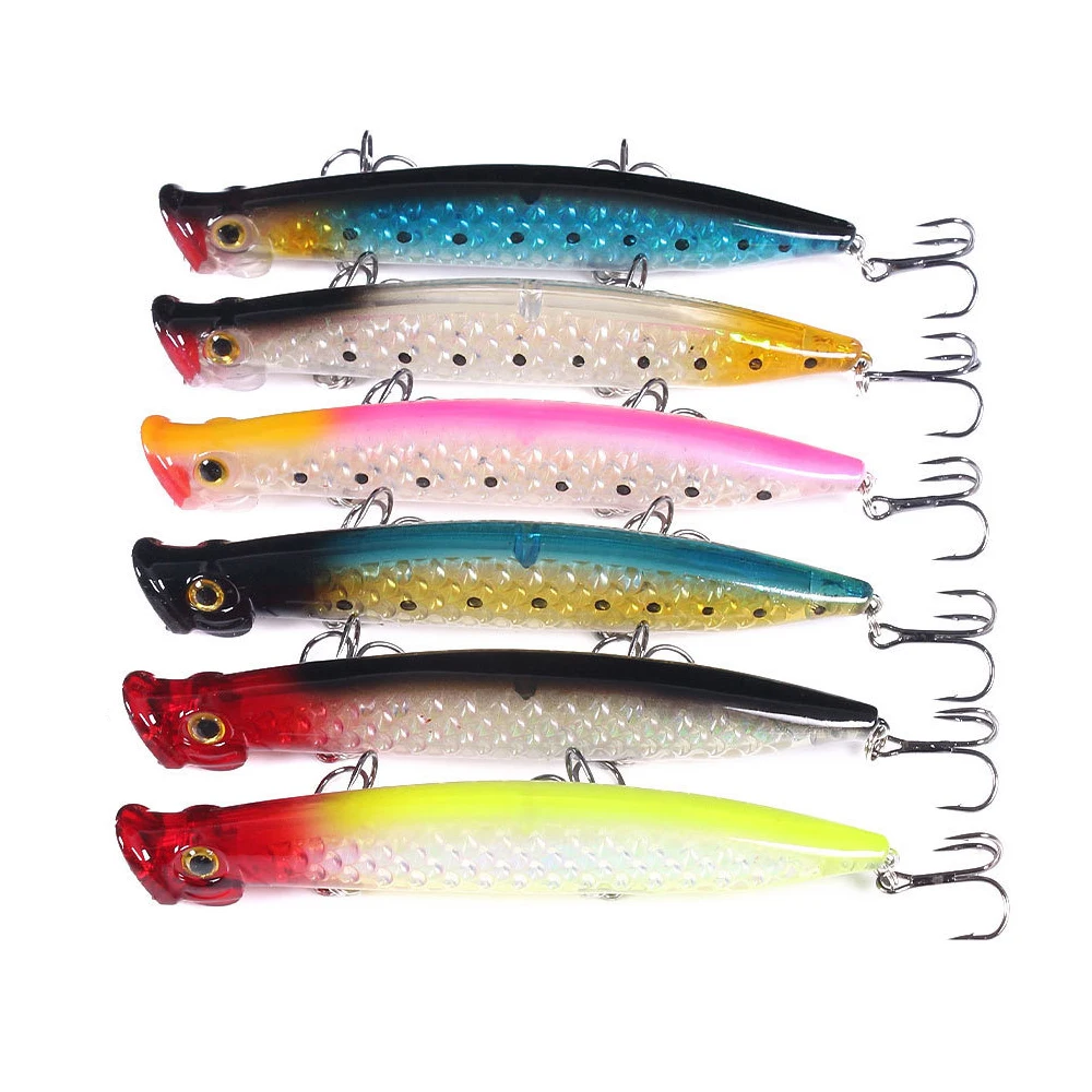 

6pcs Fishing Lures 11cm 13g Topwater Popper Bait 6 Color Hard Bait Artificial Wobblers Plastic Fishing Tackle With 6# Hooks