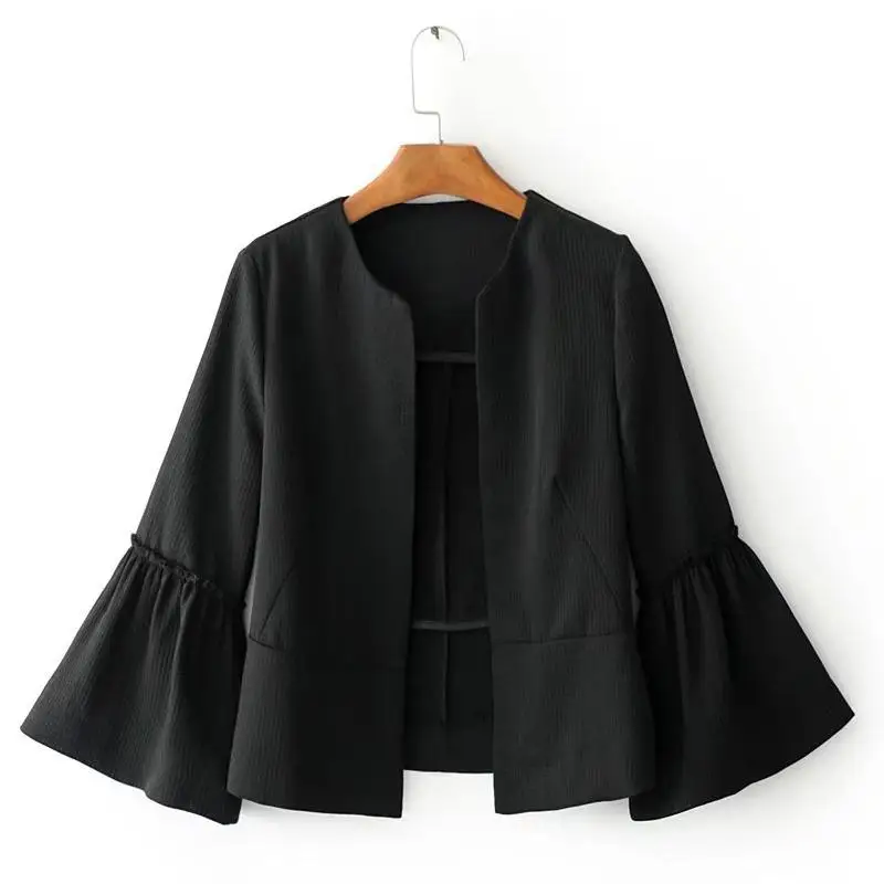 

Ladies Elegant Solid Color Jacket Open Stitch Design Flared Sleeve Jacket Black Red Ladies Casual Brand Jacket Top