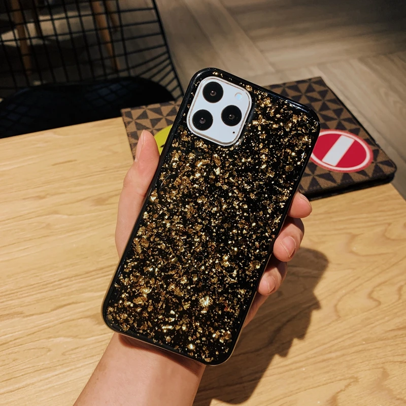 Блестящий блестящий черный мягкий силиконовый чехол из ТПУ с золотой фольгой и