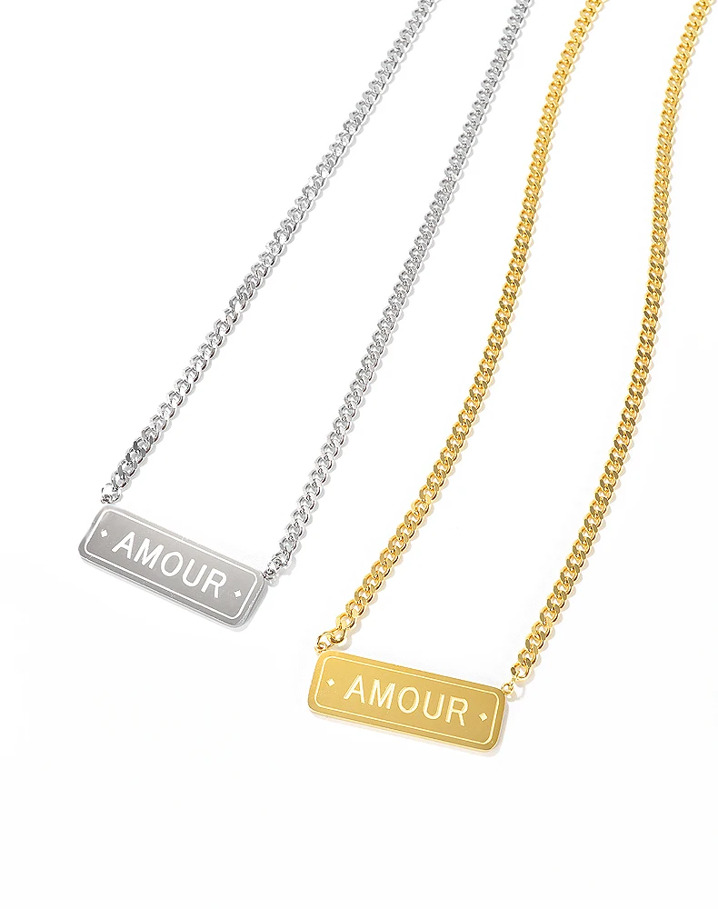 

OPK Women Chain Necklace 'AMOUR' Love Promise Tag Stainless Steel Gold/ Rose Gold Tone Jewelry 1710