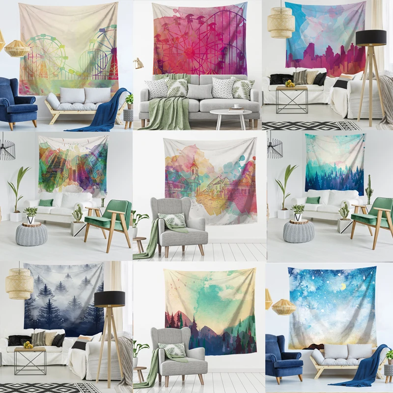 Пейзаж лесной Декор пляжная чернильная Живопись Настенный Ковер домашний декор