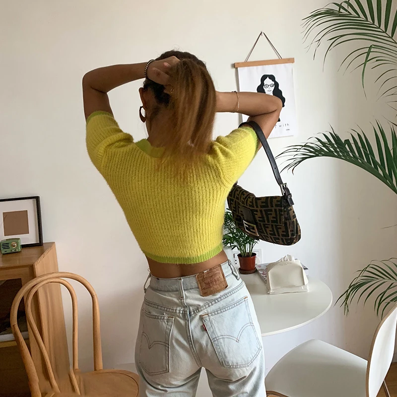 Crop sweater women vintage pink cardigan short sleeve sweaters korean ladies tops elegant cropped summer 2022 New |