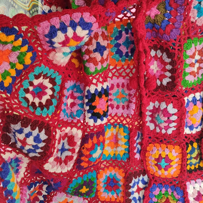 Nepalese Hand-Made Wool Hippie Crochet Box Stitching Ethnic Sweater Red Fringe Cardigan Long Coat
