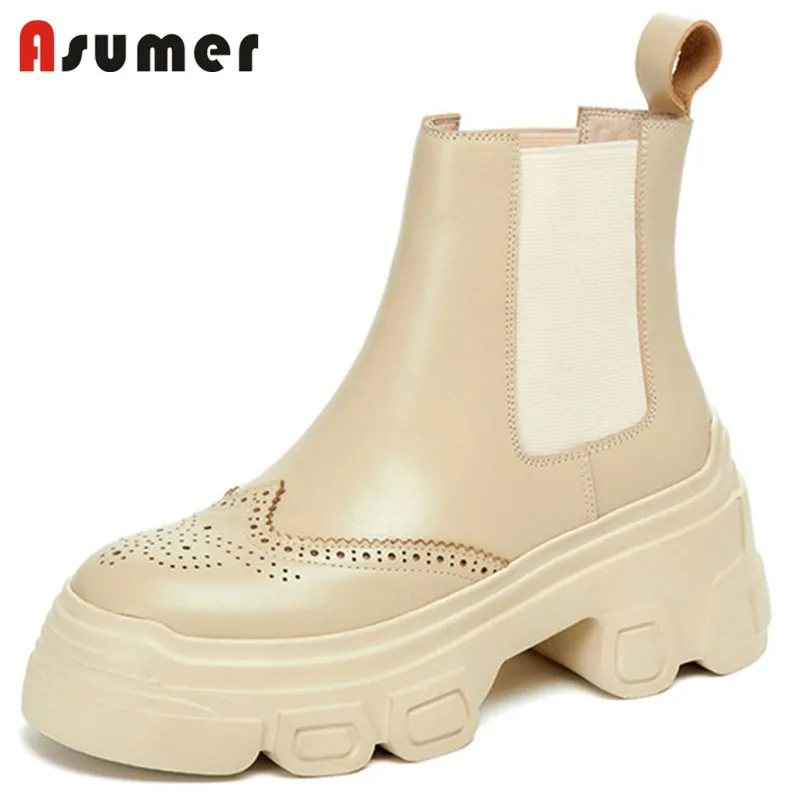 

Asumer 2022 Newest Genuine Leather Boots Women Casual Shoes Stretch Slip On Fashion Cool Winter Thick Bottom Ankle Boots Women