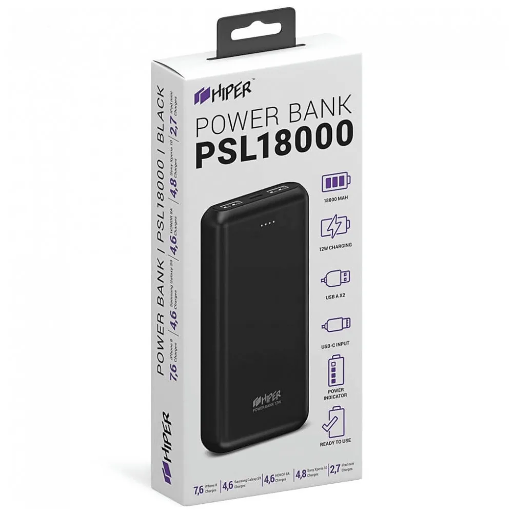 Внешний аккумулятор HIPER PSL18000 Li-Pol 18000 mAh 2.4A+1.5A 2xUSB 1xType-C | Мобильные телефоны и