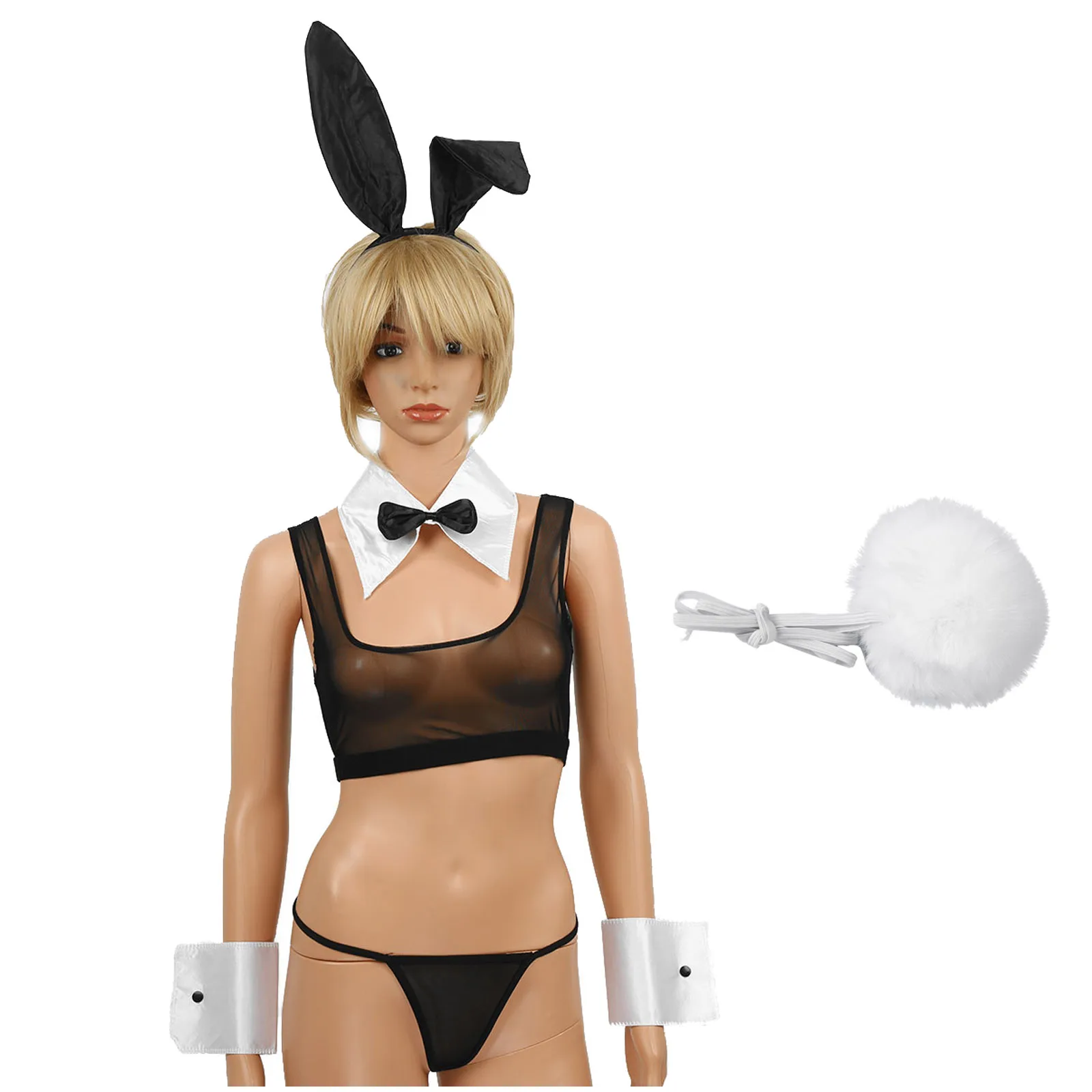 

Women Cute Naughty Bunny Girls Party Costumes Sexy Cosplay Halloween Rabbit Lingerie Set Erotic Bunny Headband with Bowtie Cuffs