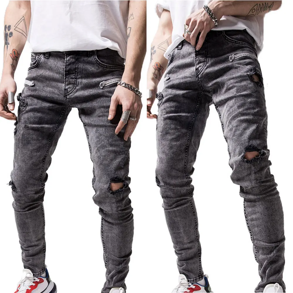 

Men Fashion Knee Ripped Jeans High Stretch Skinny Trousers Destroyed Denim Joggers Hip-hop Hole Biker Pants