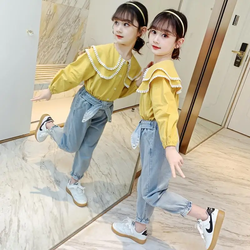 

Осенний спортивный костюм для девочек, свитшот + джинсы, модная одежда для детей 4-12 лет, 2022