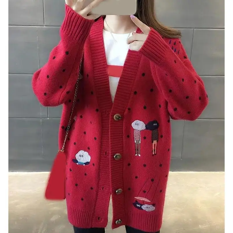 2019 Autumn Winter Women Cardigans Sweater Cartoon Embroidery Single Breasted Knit |