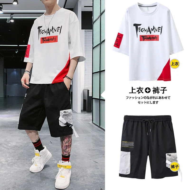

Men Black Sets 2 Pieces Shorts Pants+Short Sleeve T-shirts Sets New Fashion Man Casual Multi-pocket Cargo Shorts Sets Size 3XL