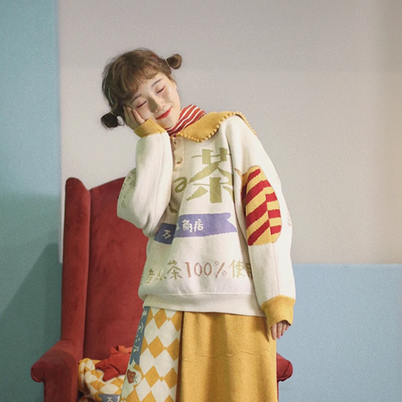 Winter Original Design Cute Sweet Thick Cotton Sweater For Women Pullover Knitted Jumpers Top Loose Preppy Style High Quality | Женская