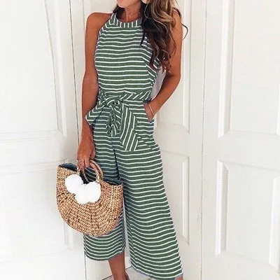 

Hot Selling 2021 Summer Women's New Fashion Slim Tie Sexy Striped Round Neck Jumpsuit