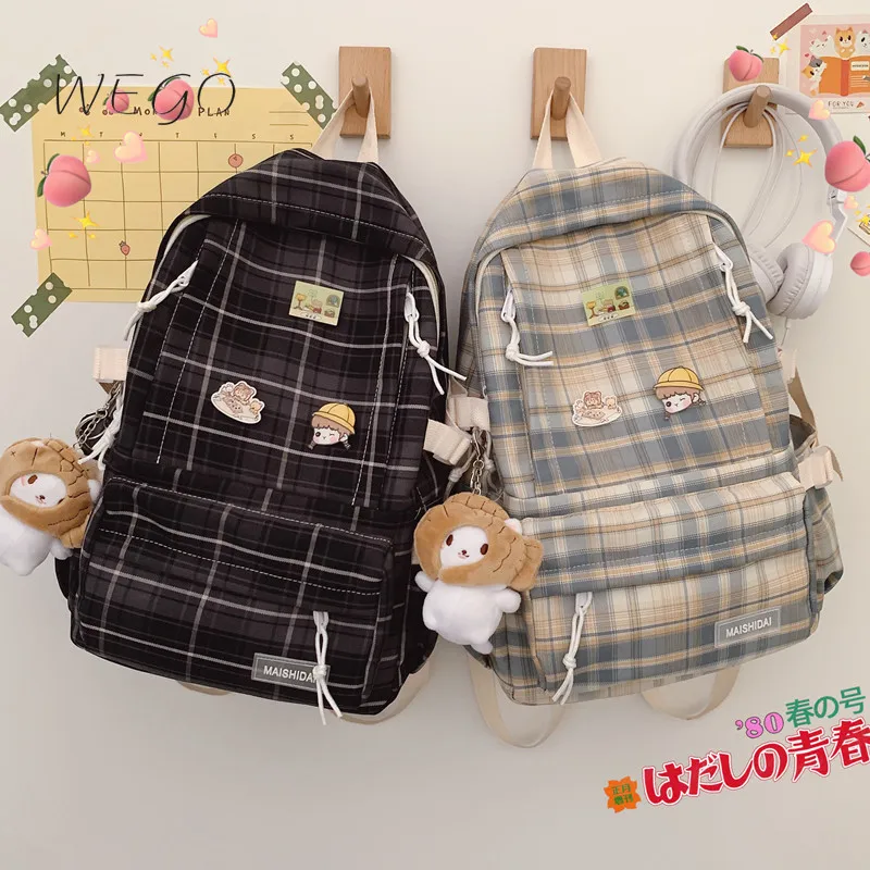 

18 inches Schoolbag Female Japanese Lattice Rucksack High School College Students Campus Literature Art 20-35L Backpack