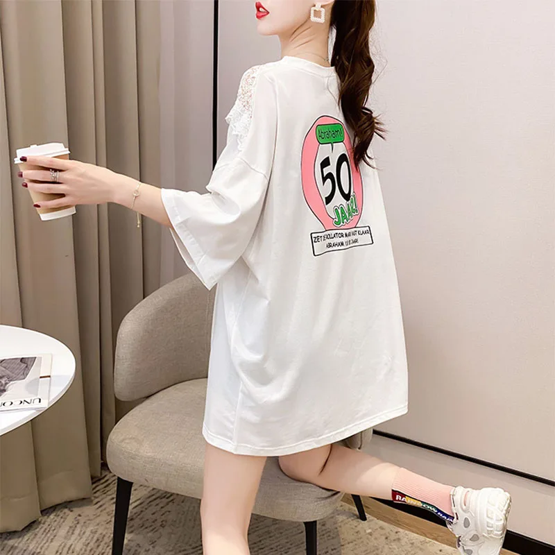 

2021 New Summer Trend Lace Patched T Shirt Blue Fashion Girls Casual Tops Half Sleeve Meduim Women Tees Plus Size Freeshipping