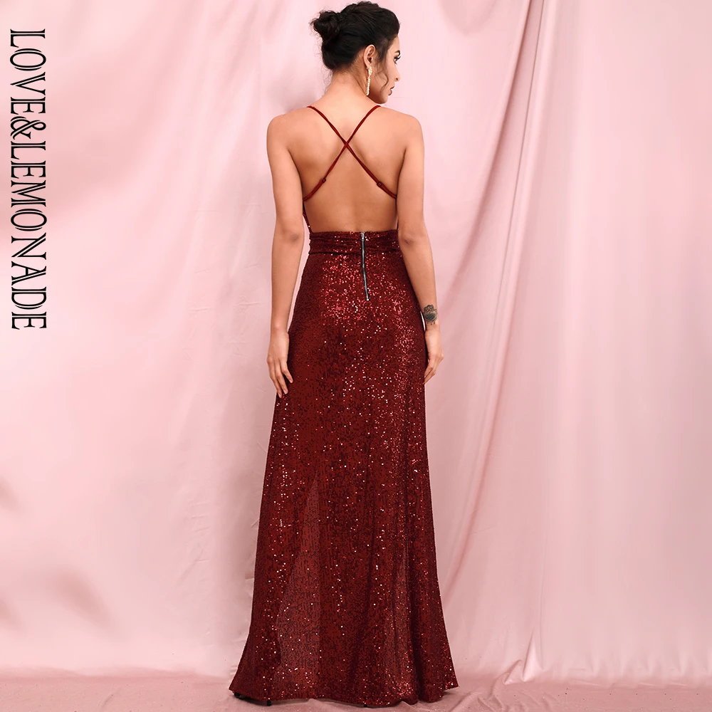 

LOVE&LEMONADE Sexy Deep red V-Neck Sequins Whit Split A-Line Party Maxi Dress LM82415