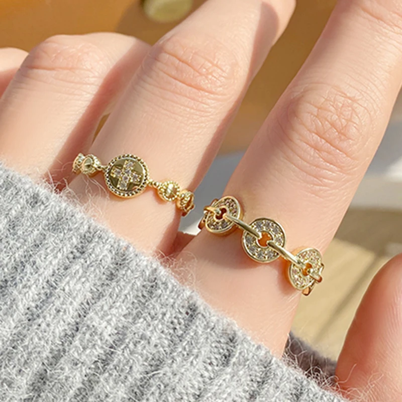 

2021 New Arrive Popular Design 14k Real Gold Round Cross Rings for Women Adjustable Open Advanced Jewelry Bling Zirconia Gift