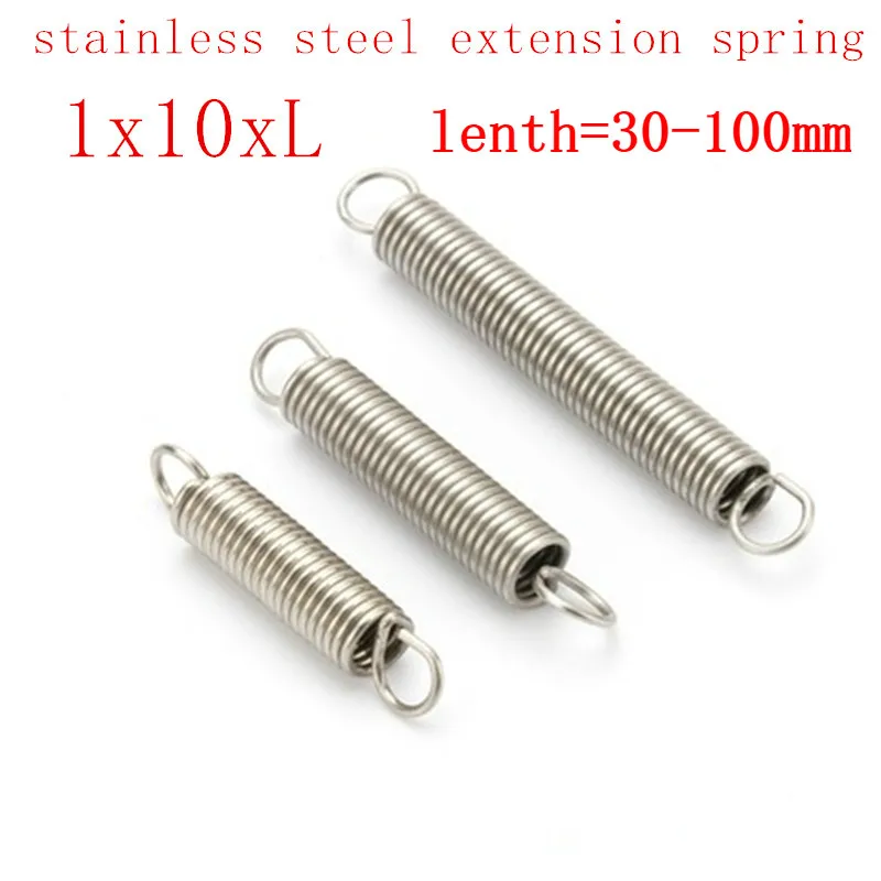 

2pcs 1.0*10*L 1.0mm stainless steel Tension spring with a hook extension outer dia 10mm spring length 30mm to 150mm