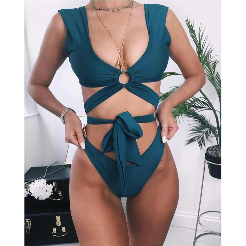 

Сексуальное однотонное бикини с лямкой на шее для женщин, в европейском и американском стиле, Раздельный купальник бикини, 2020