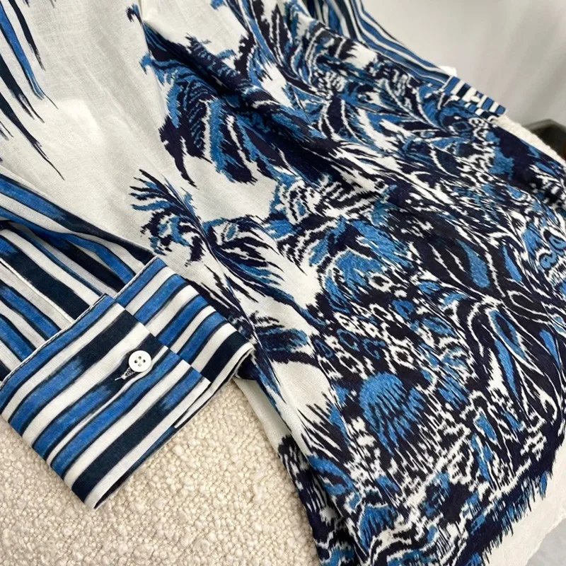 2021 Spring Women Fashion Top Quality Placing Print Long Skirt Suit for Elegant Long Sleeve Stand Collar Blouse