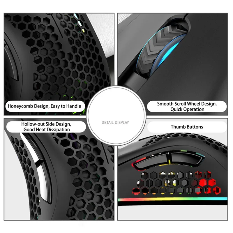 

2.4GHz Wireless Gaming Mouse 7 Button 1600 DPI Adjustable RGB Backlit Rechargeable Lightweight Honeycomb Shell