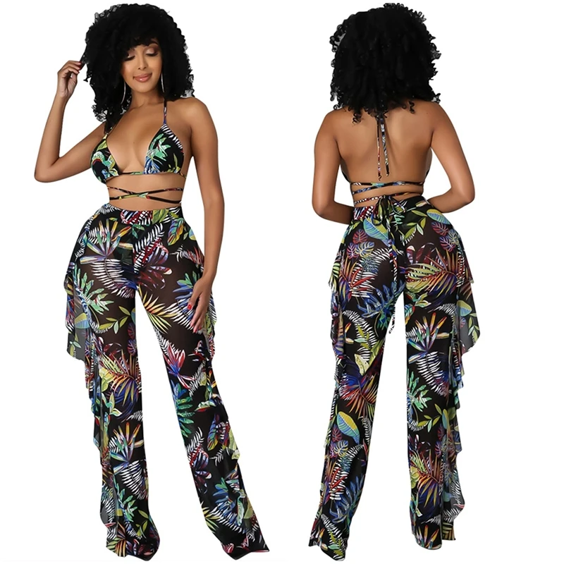 

2021 Leaves Print Sexy See Through Ruffle 3 Piece Bikini Set Women Palm Mesh Swimsuit Cover Up Pants Bandage Bra And Panty Set