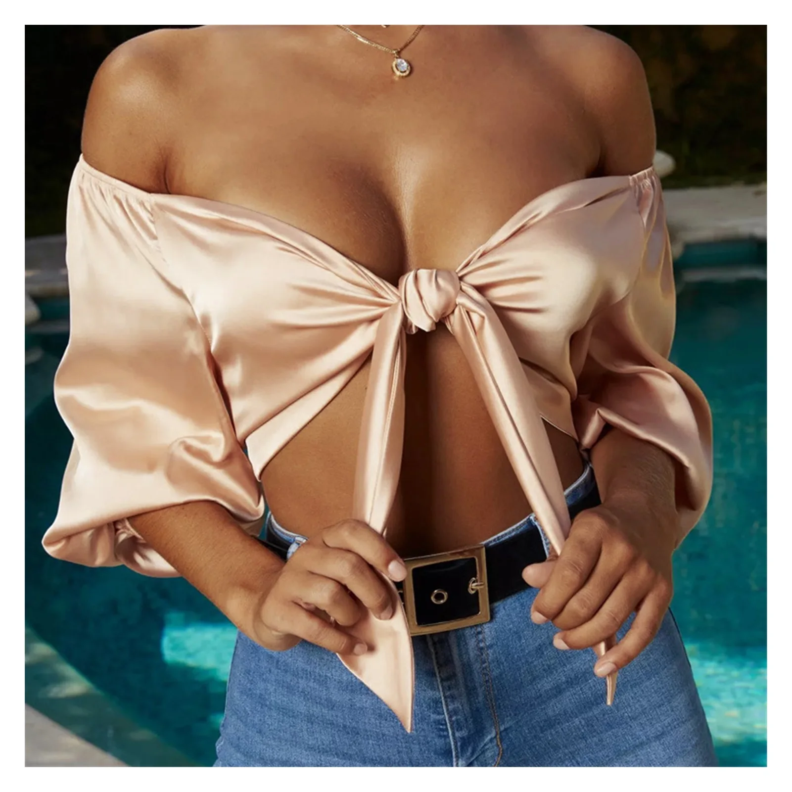 

2021NEW Sexy Satin Slik Crop Top Women Bow Sashes V Neck Crop Top Sleeveless Half Sleeve Cropped Backless cropped feminino Tank