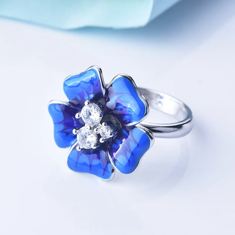 

Trendy Gorgeous Blue Enamel Delicate Flower Petal Flower Silver Plated Rings with Zircon Wedding Engagement Rings for Women
