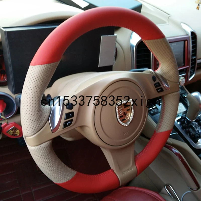 

DIY custom hand-stitched leather steering wheel cover For Porsche Cayenne Panamera Boxster 911 Macan 718 car wheel cover