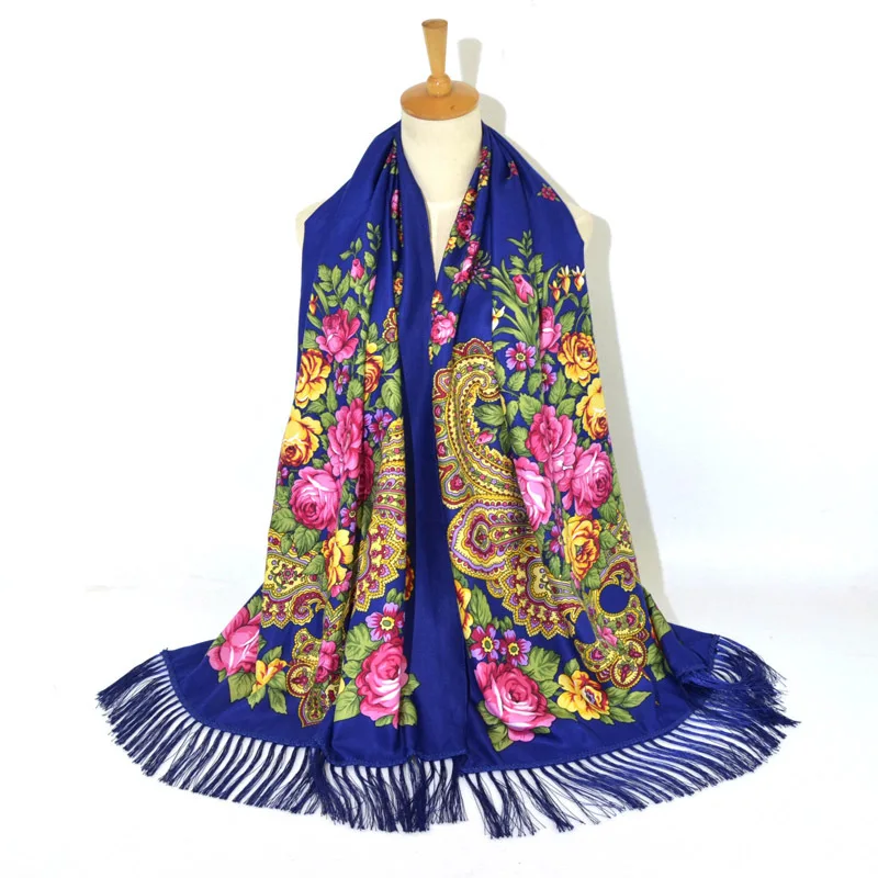 1 Royal Blue Женский шарф, зимняя шаль, Женский русский длинный хиджаб, цветочный узор, Dupatta, ретро, украинский, польский, с бахромой, испанский шарф - Цвет: 1 Royal Blue