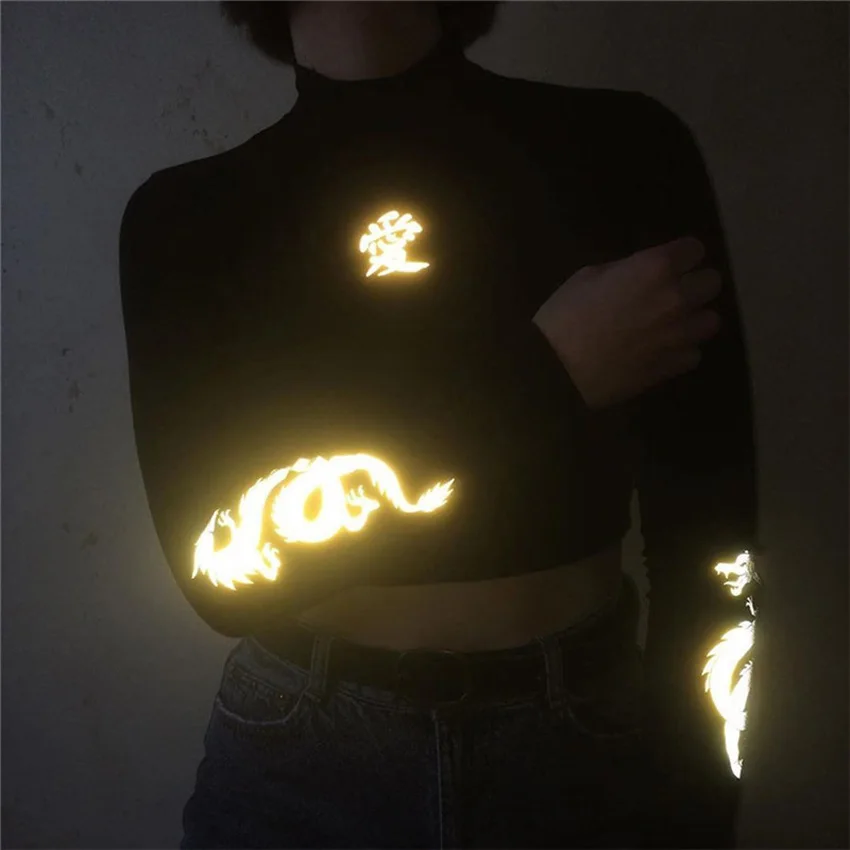 

Dragon print Female Pullover woman T-shirts reflective turtleneck Long Sleeve Slim Harajuku Streetwear Women Fashion e girl Tees