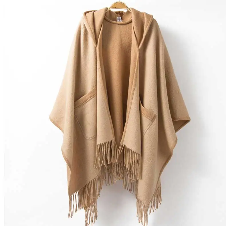 No. 2 beige khaki Шерстяное пончо с капюшоном и кисточками для женщин, женские шарфы, зима, шерстяной шарф, накидка, накидка, шаль 135*155 см, 670 г - Цвет: No. 2 beige khaki