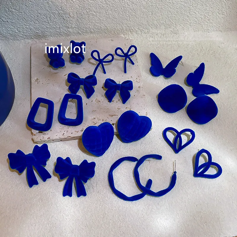 

Royal Blue Series Stud Earrings Collection Heart Bow Knot Circle Square Geometric Pure Color Flannel Earrings For Women Jewelry