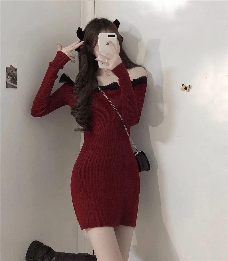 

Red Dress for Women 2021 New Spring Korean Style Slimming Slim-Fit Hip-Wrapped Short Dress off-Shoulder Cinched Underdress